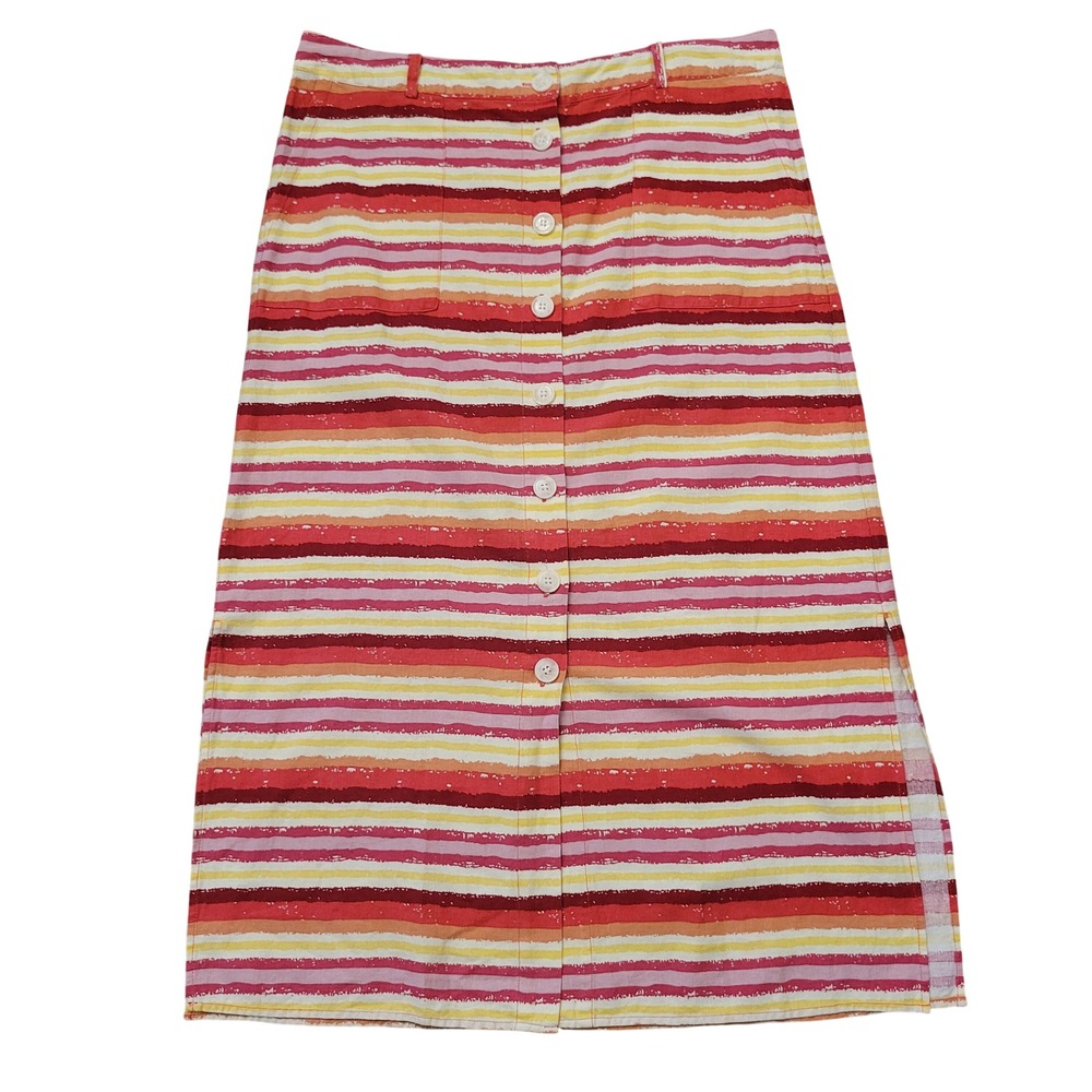 For Cynthia L Midi Skirt Pink Orange Stripe Button Front Linen S Coastal Beach